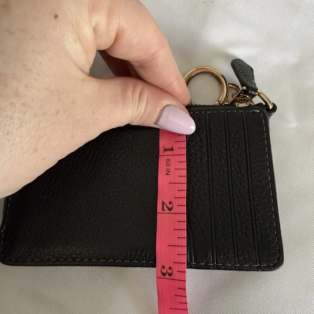 COACH Black Pebbled Leather Multi-Function Card Case Wallet Bag Charm Keychain